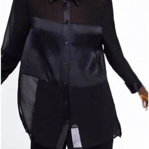 Zara black satin & sheer button down